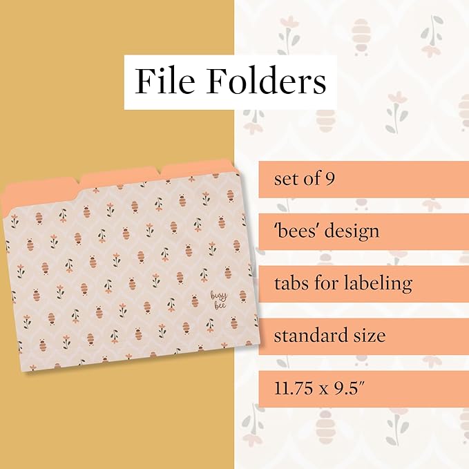 Steel Mill & Co Cute File Folders, Set of 9, Document Organizer for Filing Cabinet, Decorative Letter Size Files, Bees