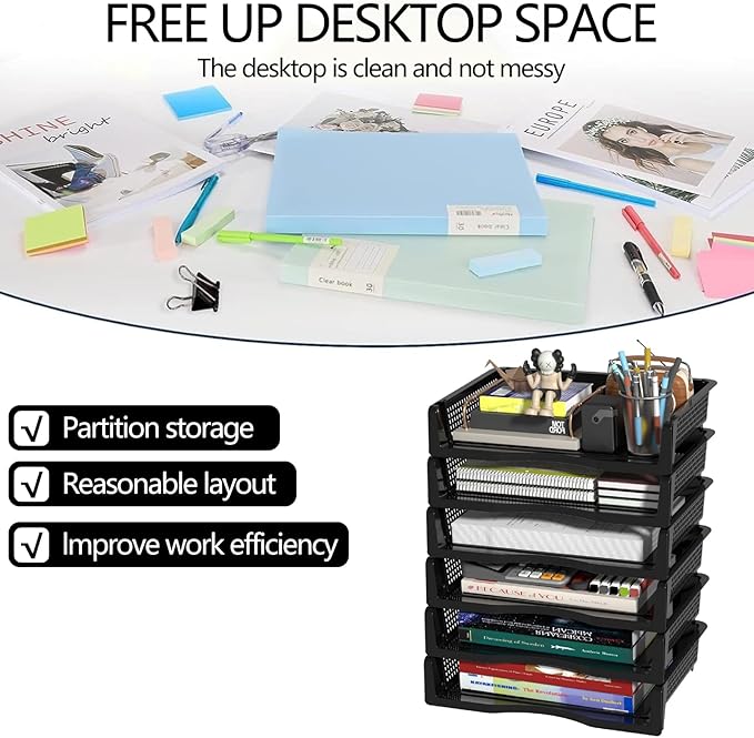 Xyskin 6 Tier Black Plastic Stackable Organizer Trays, Desktop Letter Tray for Office, Home, School
