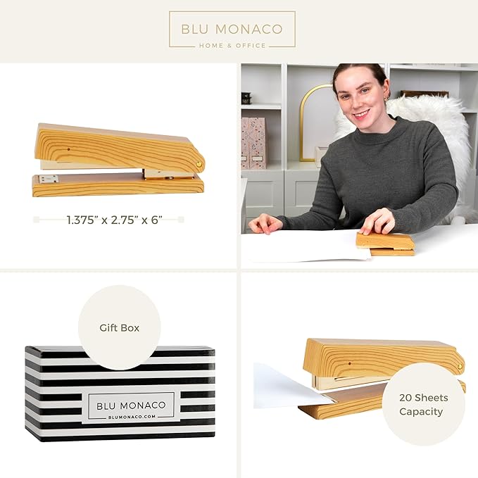 Blu Monaco Acrylic Wood Grain Stapler – Vintage Cute Stapler with Durable Metal Mechanism – Eco-Friendly Office Supply for Standard Staples – Stylish Accessory for Home, Desk, School, and Workspace