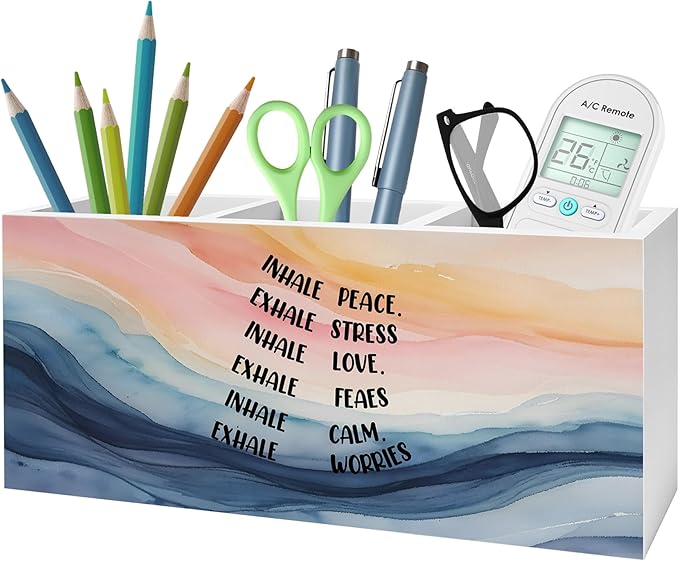 Abstract Mental Health Pencil Pen Holder for Desk, Inhale Peace Exhale Stress Wooden Pencil Holder Organizer for Therapy Office Desk Accessories, School Counselor Office Must Haves