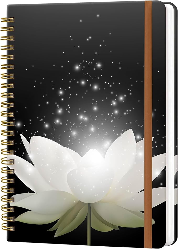 Spiral Journal Notebook for Women, Hardcover A5 College Ruled Notebook, 120 Pages, Thick Paper, Cute Lined Journal for School, Office & Work, 6 x 8.4 in(Magic White Lotus Flower)