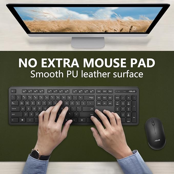 Desk Mat, Dual-Sided Pad, Large Mouse Pad, Natural Cork & PU Leather Non-Slip Waterproof Mats for Office and Home (Army Green, 31.5" x 15.7")