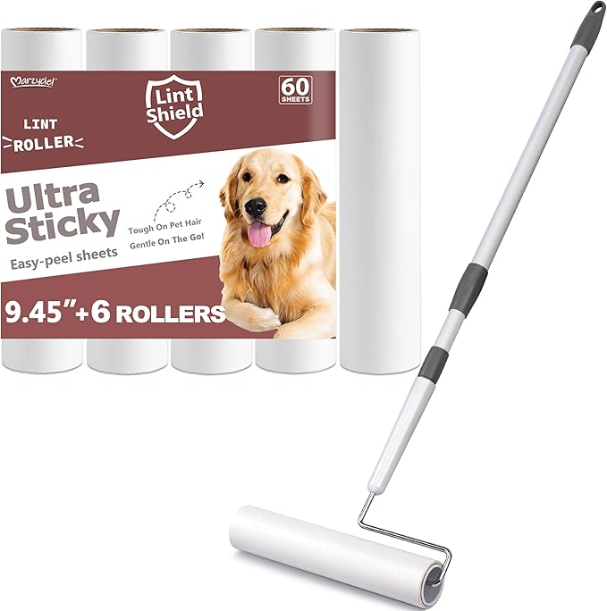 Large Lint Rollers for Pet Hair Extra Sticky, 9.45'' Long Handled Giant Lint Roller,6 Replaceable Rolls for Cleaning Carpets, Clothing, Couch, Furniture Wall Cleaner Mop Dust Remover