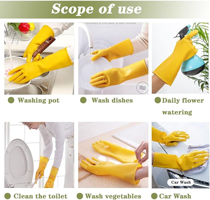 8 Pairs Reusable Household Cleaning Gloves, Rubber Kitchen Dishwashing Gloves,Extra Thickness, Long Sleeves, for Washing Dishes, Pet Care(Large, Yellow)