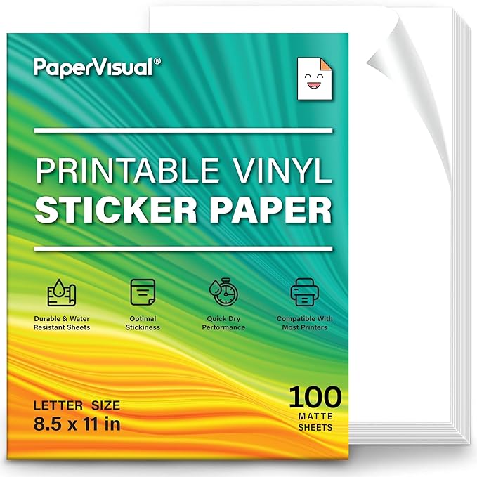 Premium Printable Vinyl Sticker Paper for Inkjet and Laser Printer - 100 White Matte Sticker Paper Waterproof - Excellent Adhesion Paper 8.5 x 11, Fast Dry, Holds Ink Well, Great for Cutting Machines