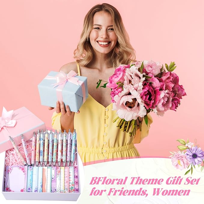 24 Pcs Floral Sticky Notes with Pens Flowers Self Adhesive Notepad Black Ink Ballpoint Pen Office School Students Teacher Supplies Gifts