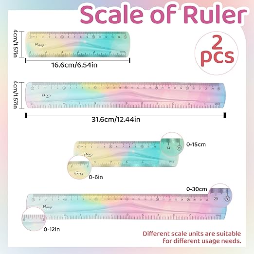 2PCS Flexible Rulers - 6inches & 12inches Bendable Plastic Ruler - Centimeters and Inches Scale Marked Rulers -Gradient Color Soft Ruler for Student School Classroom Office Supplies