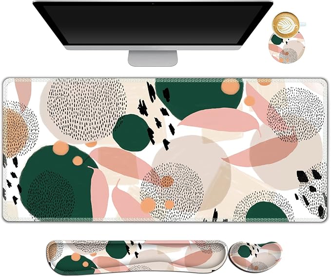 ARTSO Gaming Mouse Pad Wrist Support Set, XXL Large Desk Mat Mousepad + Keyboard Wrist Support+ Mouse Wrist Rest+Coaster 4in1 Ergonomic, Memory Foam, Stitched Edge for Home Office -Abstract Point