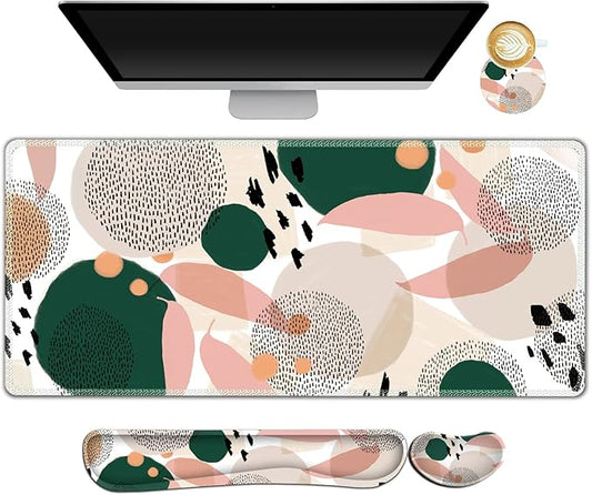 ARTSO Gaming Mouse Pad Wrist Support Set, XXL Large Desk Mat Mousepad + Keyboard Wrist Support+ Mouse Wrist Rest+Coaster 4in1 Ergonomic, Memory Foam, Stitched Edge for Home Office -Abstract Point