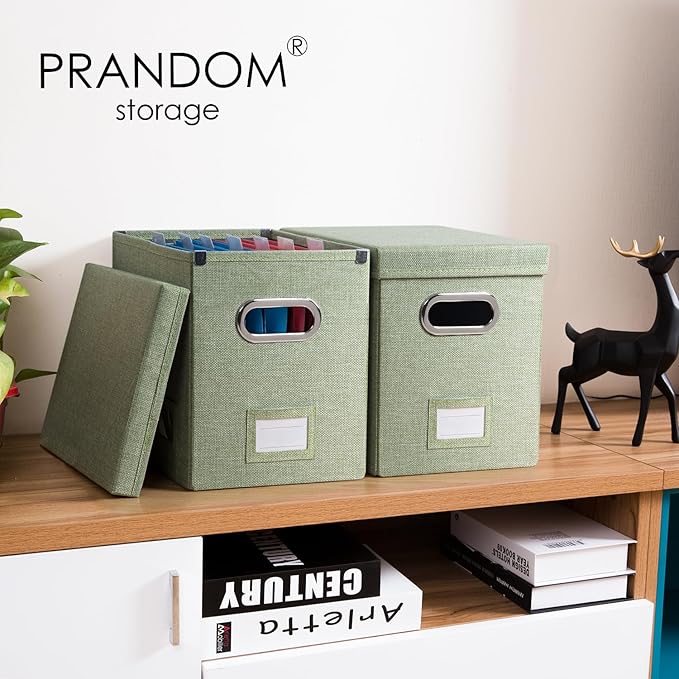 PRANDOM File Organizer Box - Set of 2 Collapsible Decorative Linen Filing Storage Hanging File Folders with Lids Office Cabinet Letter Size Green (14x9.3x10.8 inch)