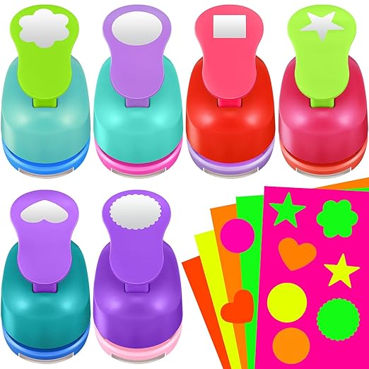 36 Pcs Craft Hole Punch Shapes with Colorful Craft Sticker Paper Punch 1 Inch Paper Punchers Scrapbook Punches with Sticker, Flower, Round, Star, Square, Heart, Wave Circle Shape