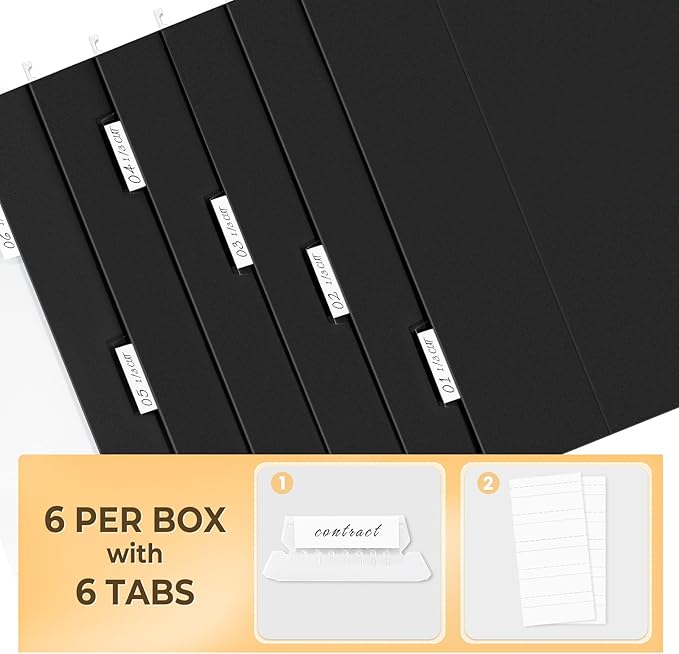 SUNEE 6 Pack Hanging File Folders,Hanging File Folders Letter Size with 1/5-cut Tabs,Black Folders,Stay Organized for Your Home and Office Bulk File and Documents