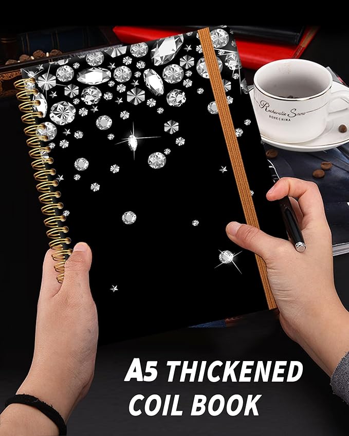 Ruled Spiral Writing Notebook,A5 Hardcover Lined College Journal for Women,Strong Twin-Wire Binding with Premium Paper,8.4" X 6",Perfect for School,Office,Home(Shiny Diamond)