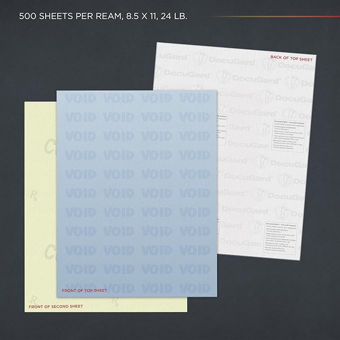 DocuGard Standard Blue/Canary 2-Part Medical Security Paper - CMS Approved for Prescription Printing & Fraud Prevention - 6 Security Features - Laser & Inkjet Printer Compatible - 250 Sheets (04544)