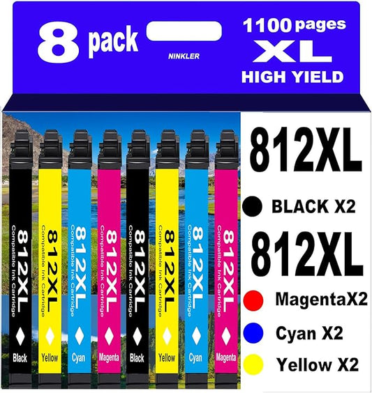 812XL Remanufactured for Epson 812XL Ink cartridges Combo Pack for Epson 812 T812 XL for Epson Workforce Pro WF-7840 WF-7820 WF-7310 EC-C7000 Printer 8 Pack 2 Black 2 Cyan 2 Magenta 2 Yellow