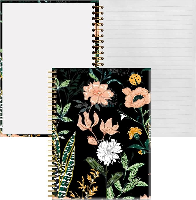 Spiral Notebook A5, Hardcover Journal for Women, 120 Pages Thick College Ruled Paper, Perfect for Office, School, or Home Use(Flowers on Black Background)