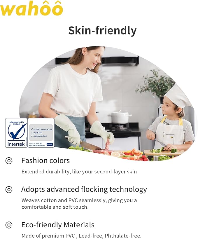 wahoo Skin-Friendly Cleaning Gloves, Reusable Dishwashing Gloves with Flocked Cotton Liner, Dishwashing, Kitchen, Canary Green, Medium