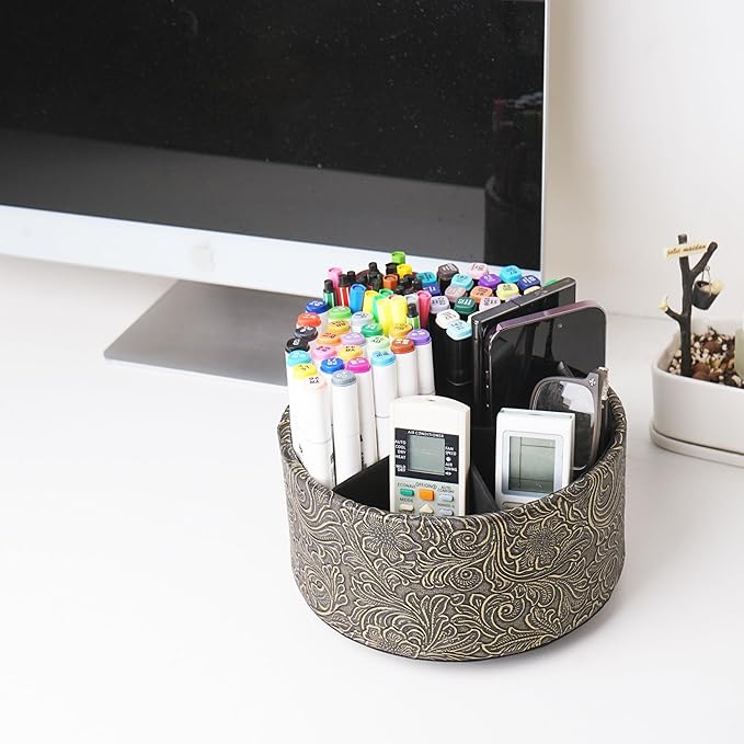 lizimandu Remote Control Holder, 360°Spinning PU Leather Desk TV Remote Caddy,Desk Storage Box Room Accessories for Controller, Media,Mail,Calculator, Mobile Phone,Pencil(1B-Carved Cooper Gold)