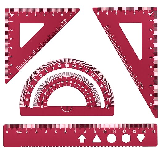 MSDADA Triangle Ruler, Protractor, Square and Ruler Set, 4 Pieces Aluminum Alloy Ruler, Metal Drafting Ruler Kit, Geometric Protractor for Student, School, Home, Office (Red, 15cm/5.9inch)