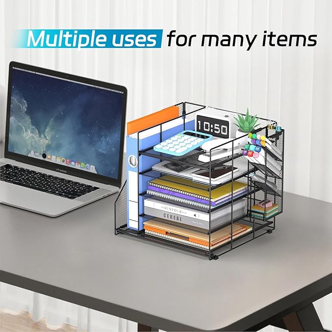 Desk Organizer with Magazine Holder, 5-Tier Paper Organizer for Desk with Pen Holder, Paper Letter Tray for Home, Office and School Supplies, Black