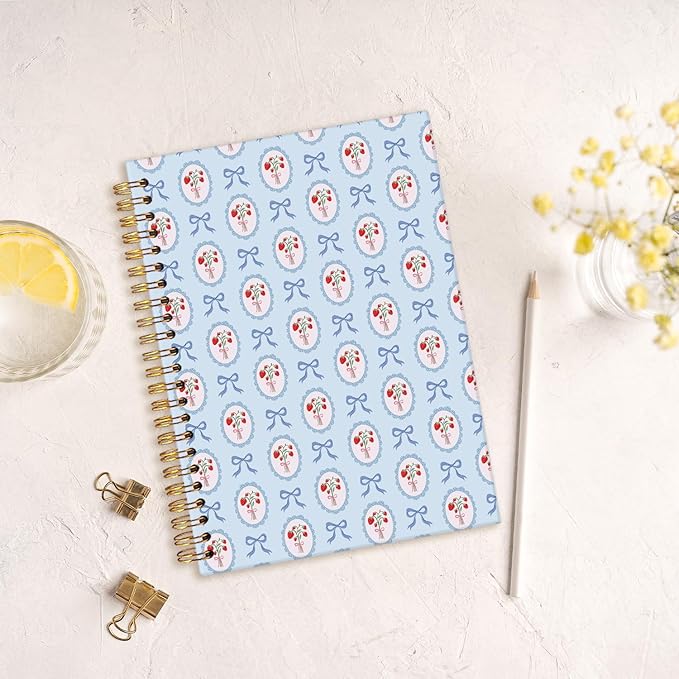 MOFUYU Blue Bow Spiral Journals for Women,Cute Notebooks for School,Strawberry Preppy Aesthetic Spiral Notebook,Strawberry School Supplies,A5 Size 5.5x8.3
