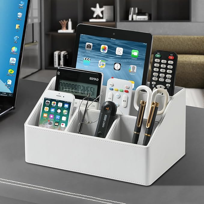 PU Leather Desk Organizer, Luxury Remote Control Holder for Home, Office Desk Accessories Table Caddy Bedside Nightstand Organizer (White)