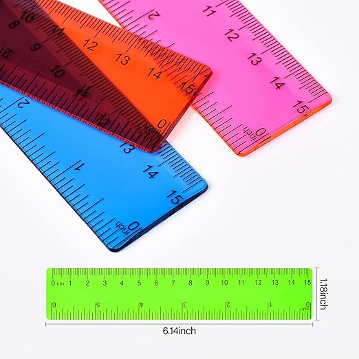 Clear Plastic Ruler 6 Inch Straight Rulers, Bulk Assorted Colors, Shatterproof Ruler with Inches and Centimeters for School Classroom, Home, or Office (8 Pack)