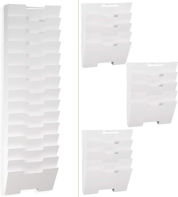 Wallniture Lisbon 15-Tier Wall Mounted File Holder and Desk Organizer, Metal White Office Organization and Storage Rack
