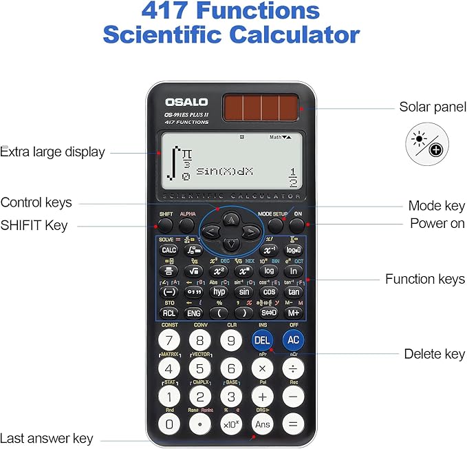 OSALO Scientific Calculator 417 Function 2 Line 10+2 Digits Written Display Solar and Battery Calculators for School College Students Secondary Black (OS 991ES Plus 2nd Edition)