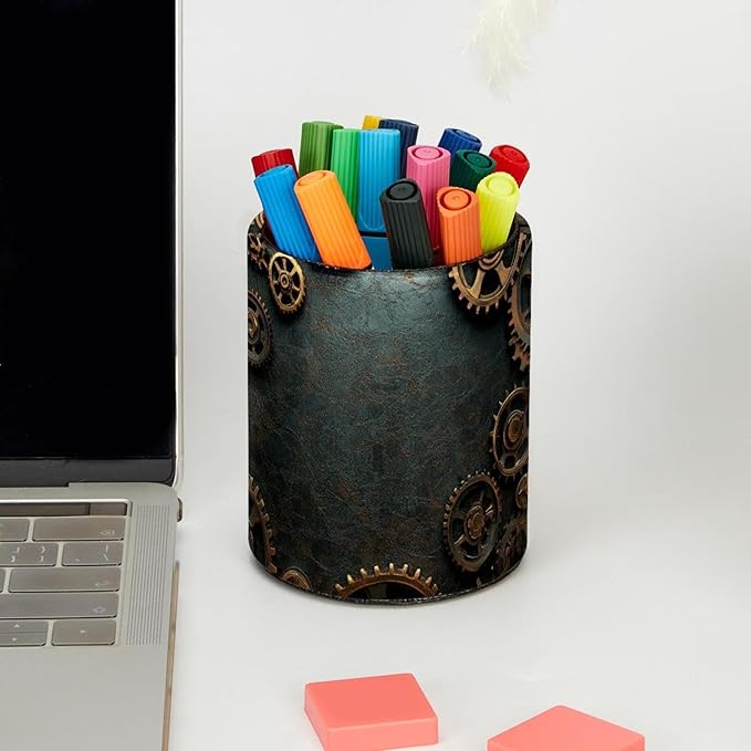 Steampunk Gears background (3) Pen Holder Stand Cup Pencil Holder Organizer Makeup Brush Holders for Home Office Desk