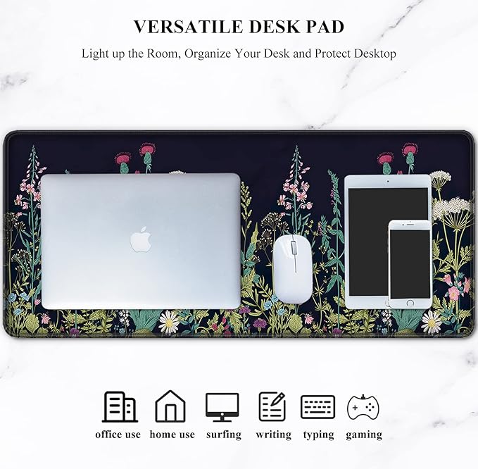 Auhoahsil Desk Pad, XL Extended Large Gaming Mouse Pad 31.5 x 11.8 Inch, Waterproof Mousepad with Stitched Edges, Non-Slip Computer Keyboard Laptop Mat for Women Men Office Work, Silent Night Flowers