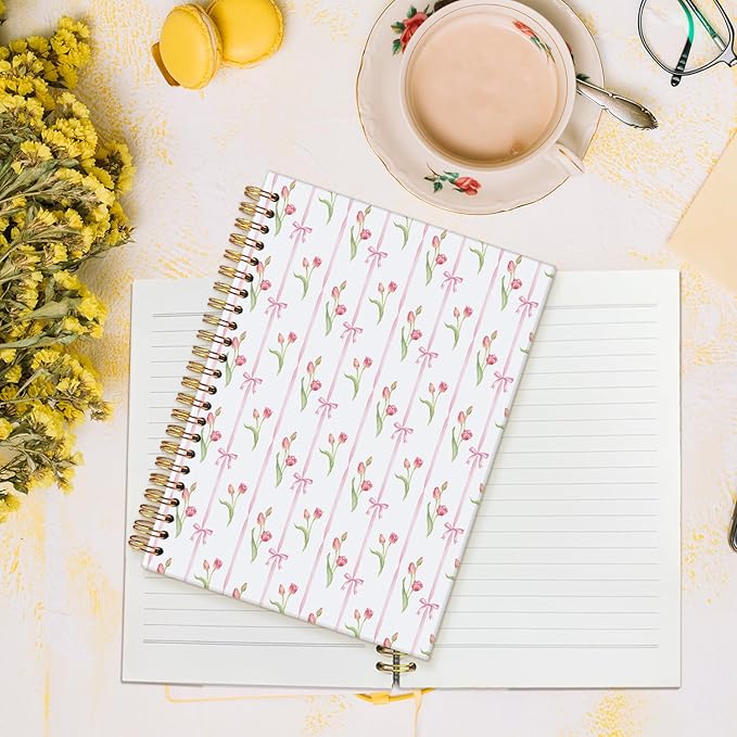 MOFUYU Tulips Spiral Journal Notebook for Women,Pink Hardcover Notebook for Work & Note Taking,Cute Notebooks for School A5 Size 5.5x8.3