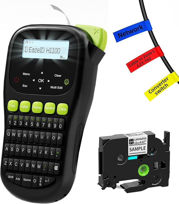 Industrial Label Maker Machine with-Tape Waterproof, Portable Cable Label Maker with Keyboard, Handheld Wire Labeler with Backlight Screen for Home Office Use, H1100 Black