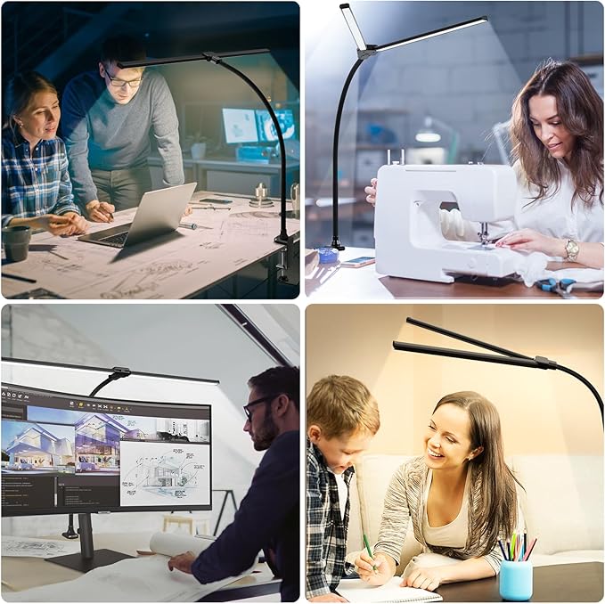 ShineTech Led Desk Lamp for Office Home, Bright Double Head Desk Light with Clamp, Architect Task Lamp 50 Lighting Modes Adjustable Flexible Gooseneck Lamp