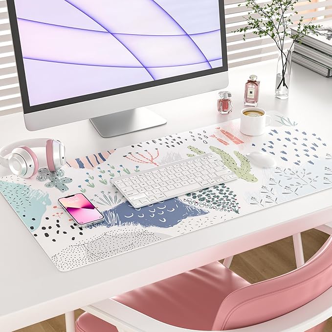 Colorful Star Large Mouse Pad, Waterproof PU Leather Abstract Desk Mat for Women Girls, Cute Desk Accessories Minimalist Home Office Decor, Kids Deak Pad Non-Slip Writing Mat 31.5" x 15.7"
