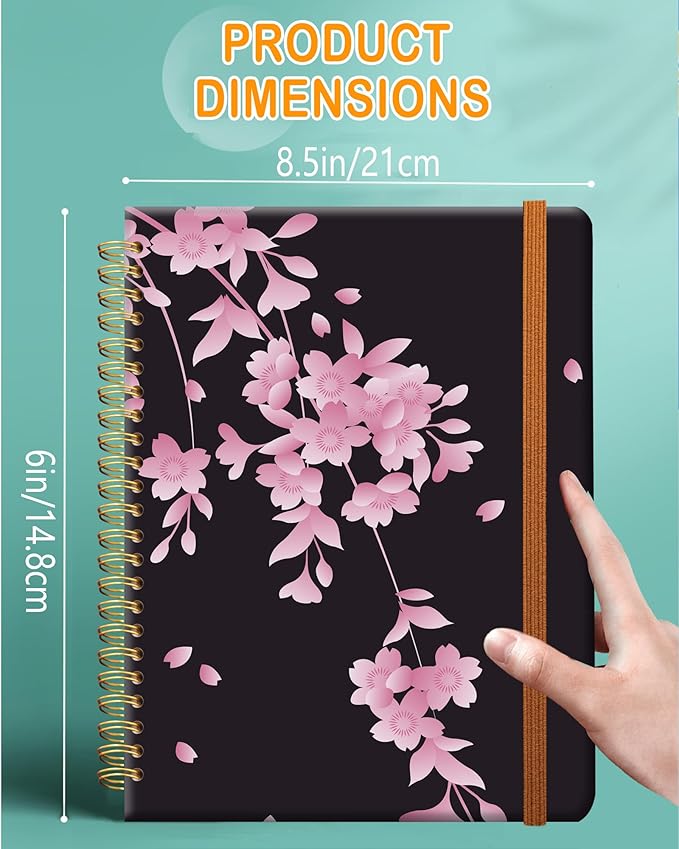 Ruled Spiral Writing Notebook,A5 Hardcover Lined College Journal for Women,Strong Twin-Wire Binding with Premium Paper,8.4" X 6",Perfect for School,Office,Home(Cherry Blossom)
