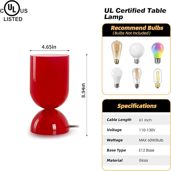 8.9" Modern Glass Table Lamp for Living Room, Desk Lamps for Bedroom, UL Listed Nightstand Lamp with Dome Base, End Table Lamps Home Decor for Kids Room, Side Tables, College Dorm, Office, Glossy Red