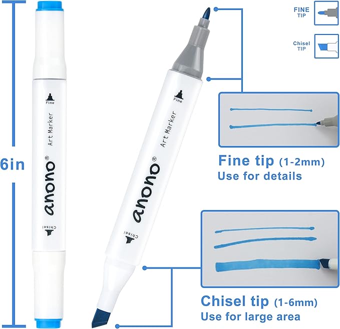 anono 48 Colors Alcohol Markers Set, Coloring Markers with Chisel and Fine Tips, Includes Carrying Case, Suitable for Book Painting and Coloring, White Barrel