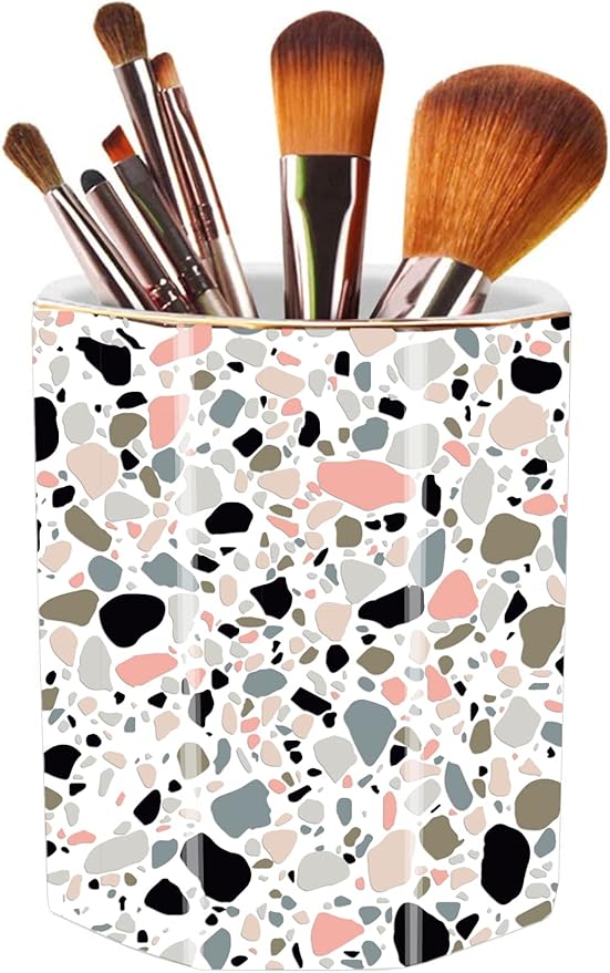 Pen Holder, Makeup Brush Holder Ceramic Shiny Gold Terrazzo Marble Stone Pattern Pencil Cup for Girls Kids Women Durable Stand Desk Organizer Storage Gift for Office, Classroom, Home Pink