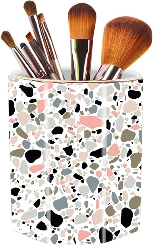 Pen Holder, Makeup Brush Holder Ceramic Shiny Gold Terrazzo Marble Stone Pattern Pencil Cup for Girls Kids Women Durable Stand Desk Organizer Storage Gift for Office, Classroom, Home Pink