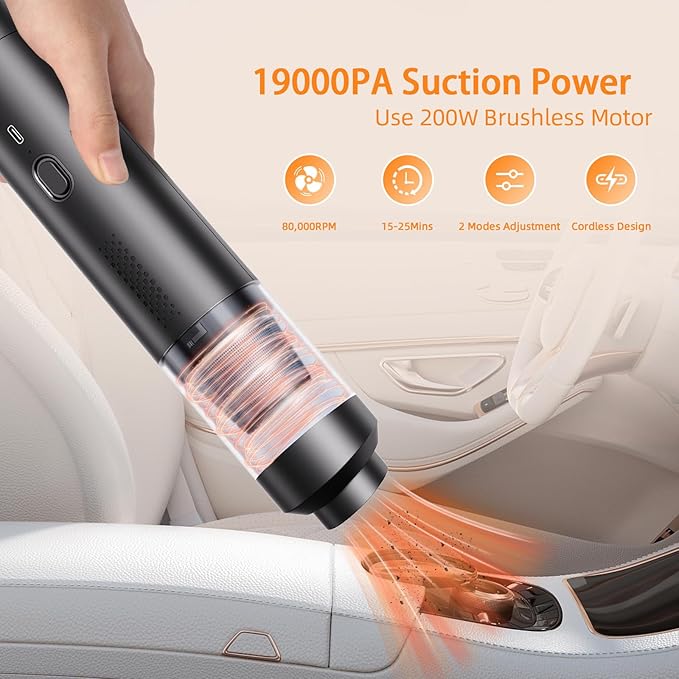 AILEWING Car Vacuum Portable Cordless 19000Pa Powerful Suction, 4-in-1 Mini Vacuum Cleaner Rechargeable Type-C, Wireless Handheld Vacuum for Car, Office Desk & Home