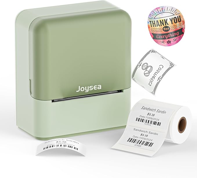 Joysea D2 Label Maker Machine with Tape, Thermal Label Printer with Multiple Templates for Office Organization, Home, Small Business, Includes 1 Roll 2" x 1.18" Adhesive Labels, Green