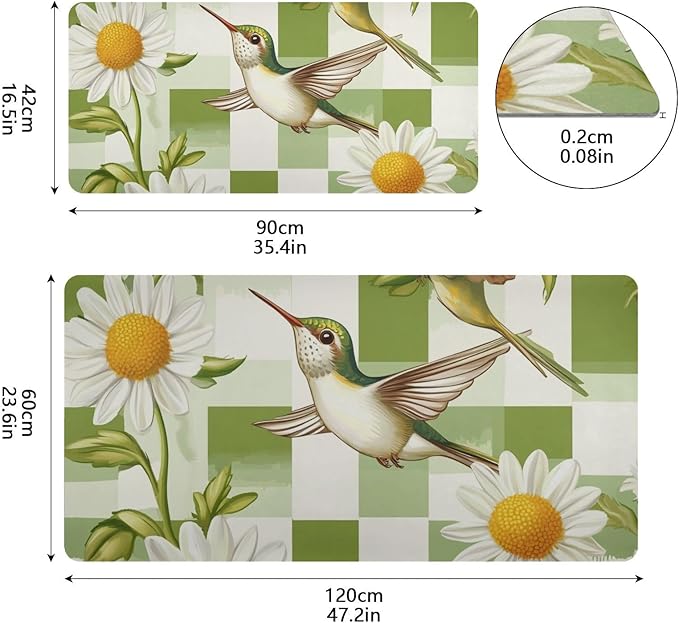 Mouse Pad Desk Mat Leather Desk Pad Large Gaming Desk Cover Protector Mat for Keyboard Computer Laptop Office Waterproof 35.4 x 16.5 Inch Checkered Green and White Hummingbirds Daisy