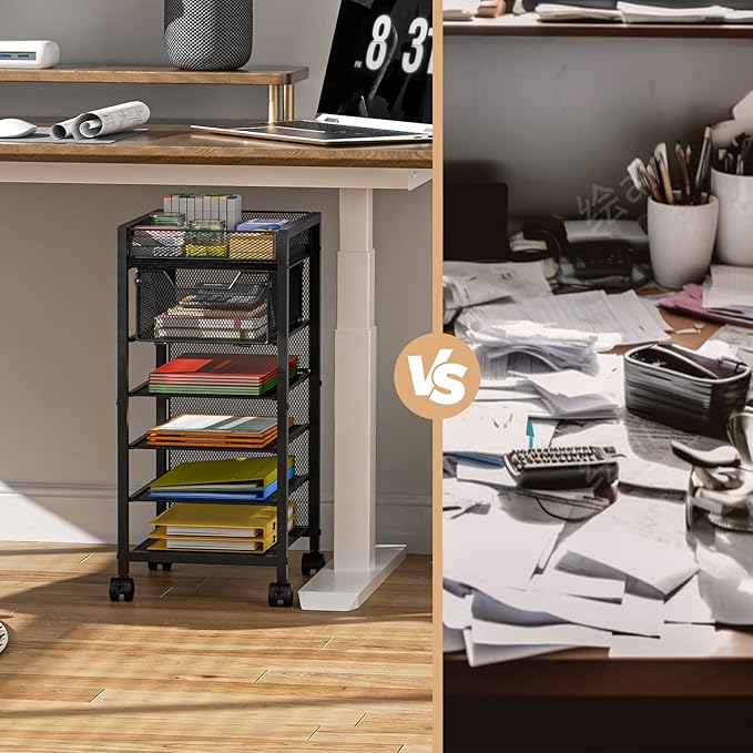 keomaisyto Under Desk Storage Slim File Cabinet, 6-Tier Rolling File Cart with Paper Letter Tray & Drawer, Standing Paper Organizer with Wheels, Narrow Desk Organization for Home Office Workspace