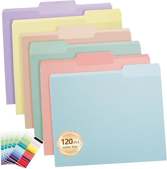 Color File Folders, 1/3-Cut Tabs, Letter Size, 6 Colors Organizer File Folders for School Home Office Business (120, Pastel Colors)