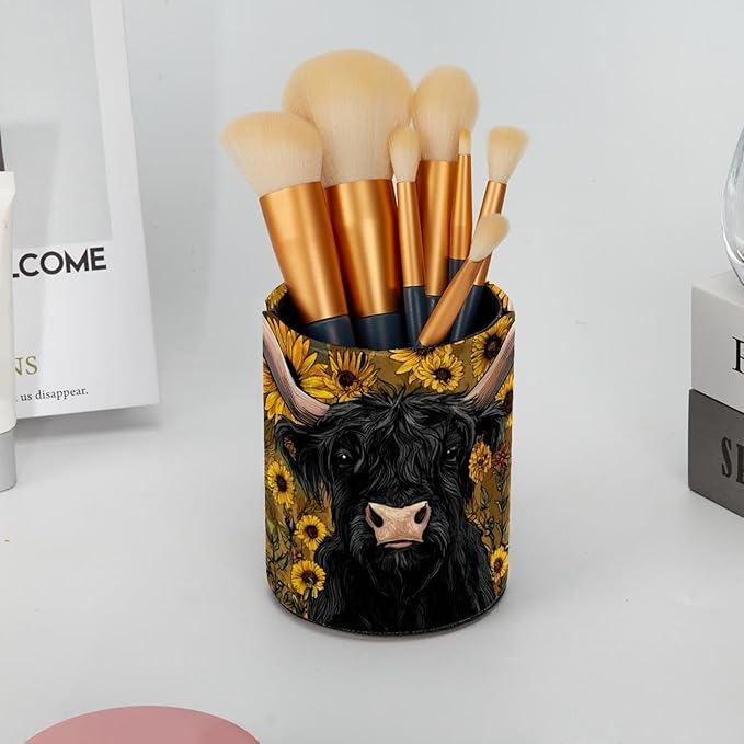 1 Pack Watercolor Sunflower Yak Circular Pen & Pencil Holder - Durable PU Leather Pencil Cup, Desk Accessories Organizer for Office Desk School Home