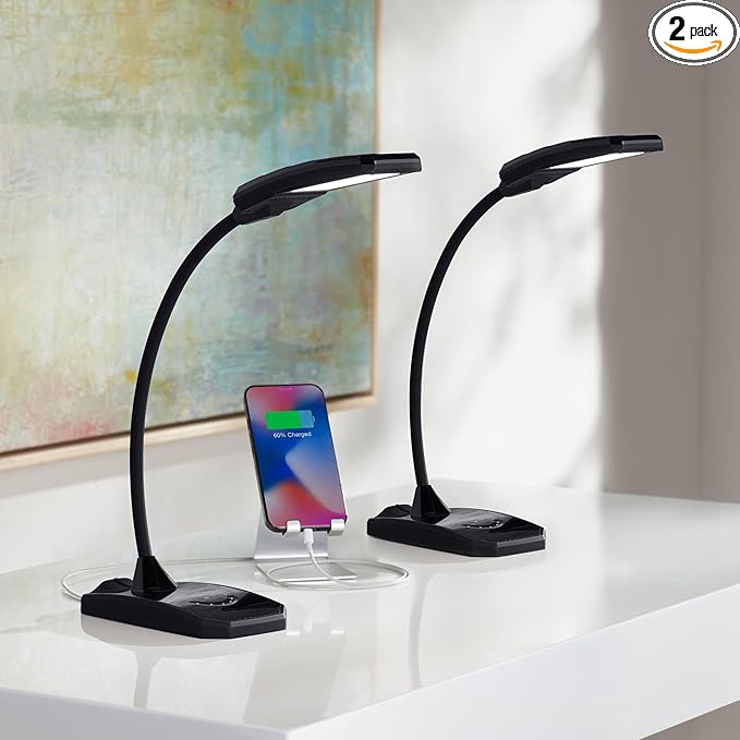 360 Lighting Ricky 13 3/4" High Small Modern Desk Lamps Set of 2 USB Ports LED Gooseneck Black Shade Home Office Living Room Charging Bedroom Bedside Nightstand House Reading Kitchen Entryway