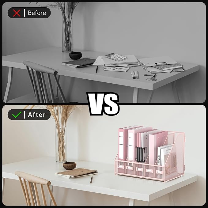 DALTACK Desk Organizers Metal Magazine File Holder with 5 Vertical Compartments Folder Storage Binder Organizer for Office Home School Organization, Pink Plus