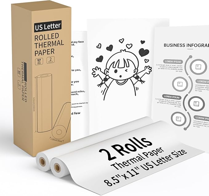 2 Rolls Thermal Printer Paper 8.5" x 11" US Letter Size - High-Efficiency Durable Printing for Picture or Home Work, Printing Contract, Compatible with Most Thermal Printers (50 Sheets / 2 Rolls)