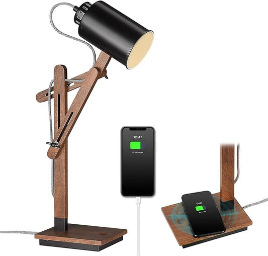 ELYONA Sapele Wood Desk Lamp with Wireless Charging & USB Port, Touch Control Reading Task Light,Adjustable, Swing Arm Table Lamp for Bedroom, Study Work, Office, Dorm, LED Bulb Included, Black